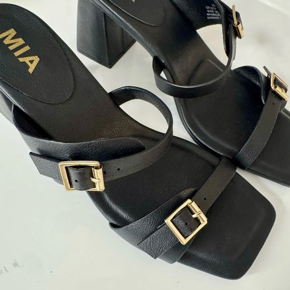 MIA Black Wedge Sandal with Gold Buckles